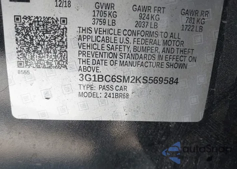 2019 Chevrolet Cruze Ls z USA, uszkodzony, nr VIN 3G1BC6SM2KS569584